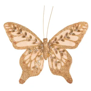 14cm Champagne Glitter Butterfly with Clip Christmas Tree Ornament