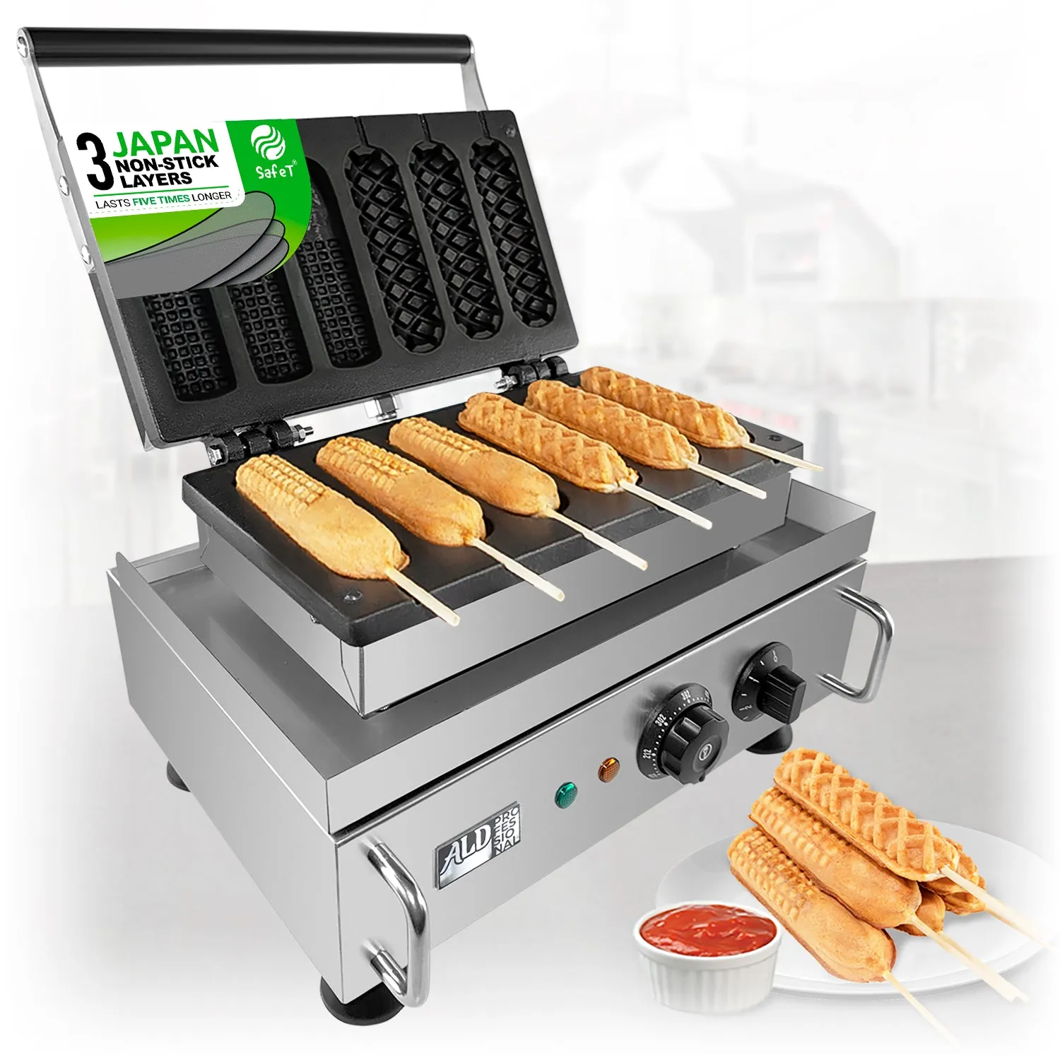 AP-528 Corn Dog Maker Commercial | 6 Waffles on Sticks | Nonstick