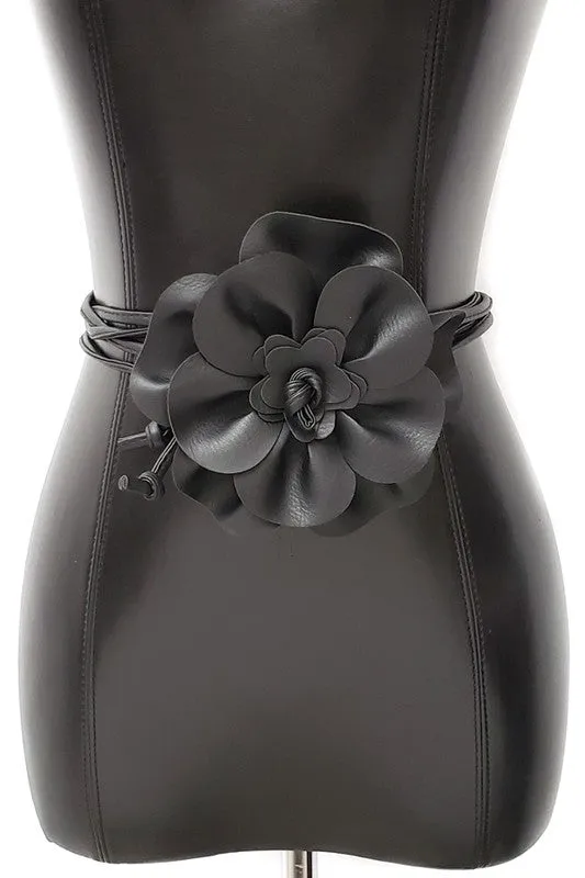 Black Faux Leather Flower Tie Belt
