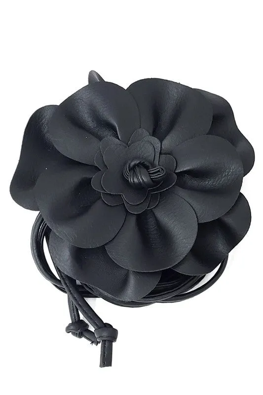 Black Faux Leather Flower Tie Belt