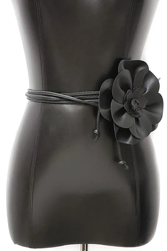 Black Faux Leather Flower Tie Belt