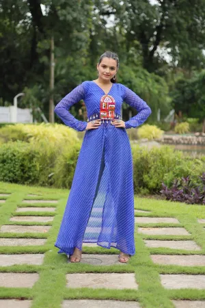 Blue Faux Georgette Leheriya Print Kurti with Kutchi Patchwork