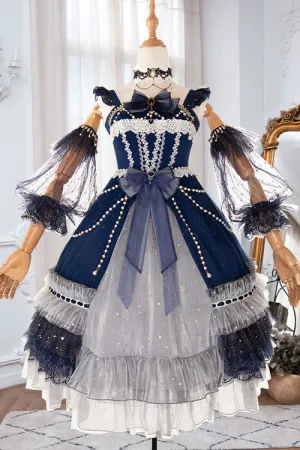 Blue Gorgeous Starry Sky Bowknot Pearl Chain Decoration Multi-Layer Ruffled Sweet Lolita JSK Tiered Dress