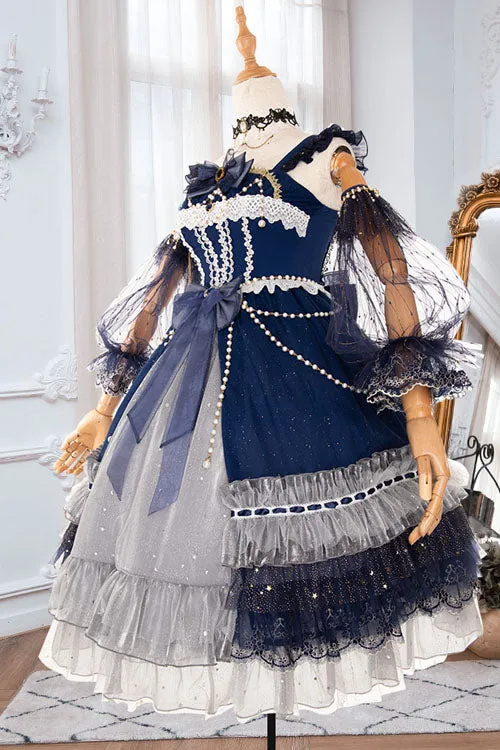 Blue Gorgeous Starry Sky Bowknot Pearl Chain Decoration Multi-Layer Ruffled Sweet Lolita JSK Tiered Dress