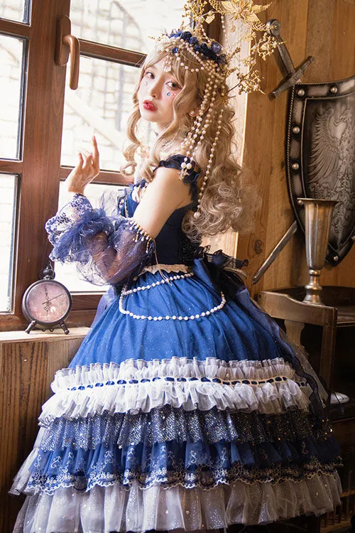 Blue Gorgeous Starry Sky Bowknot Pearl Chain Decoration Multi-Layer Ruffled Sweet Lolita JSK Tiered Dress