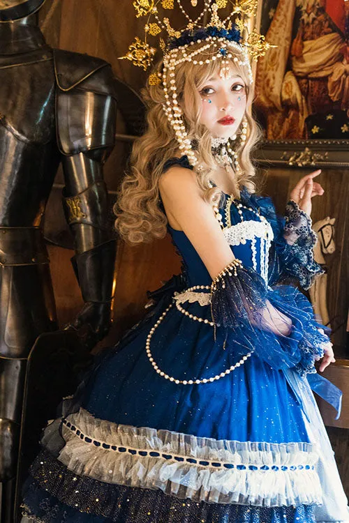 Blue Gorgeous Starry Sky Bowknot Pearl Chain Decoration Multi-Layer Ruffled Sweet Lolita JSK Tiered Dress