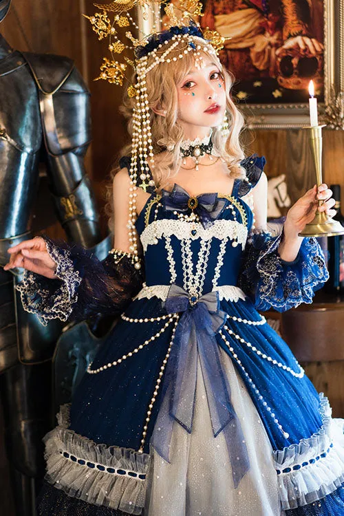 Blue Gorgeous Starry Sky Bowknot Pearl Chain Decoration Multi-Layer Ruffled Sweet Lolita JSK Tiered Dress