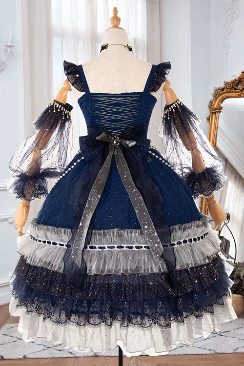 Blue Gorgeous Starry Sky Bowknot Pearl Chain Decoration Multi-Layer Ruffled Sweet Lolita JSK Tiered Dress