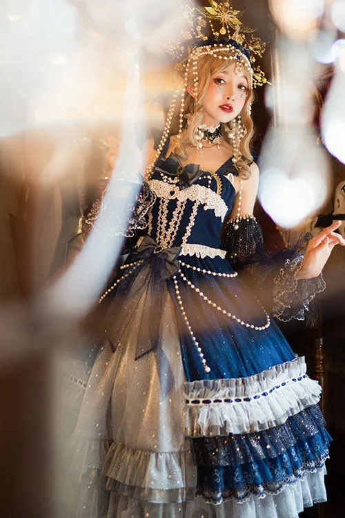 Blue Gorgeous Starry Sky Bowknot Pearl Chain Decoration Multi-Layer Ruffled Sweet Lolita JSK Tiered Dress