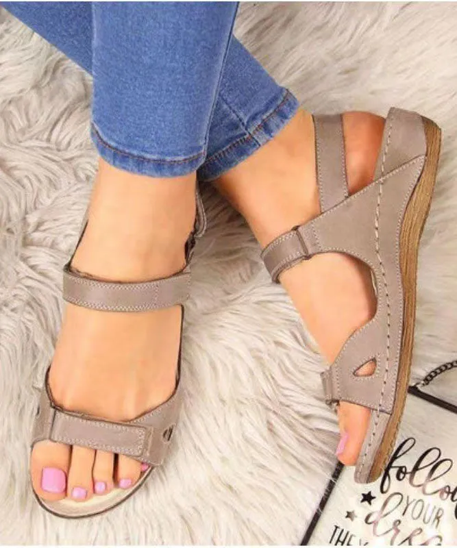 Boho Splicing Peep Toe Wedge Sandals Brown Faux Leather LY2682
