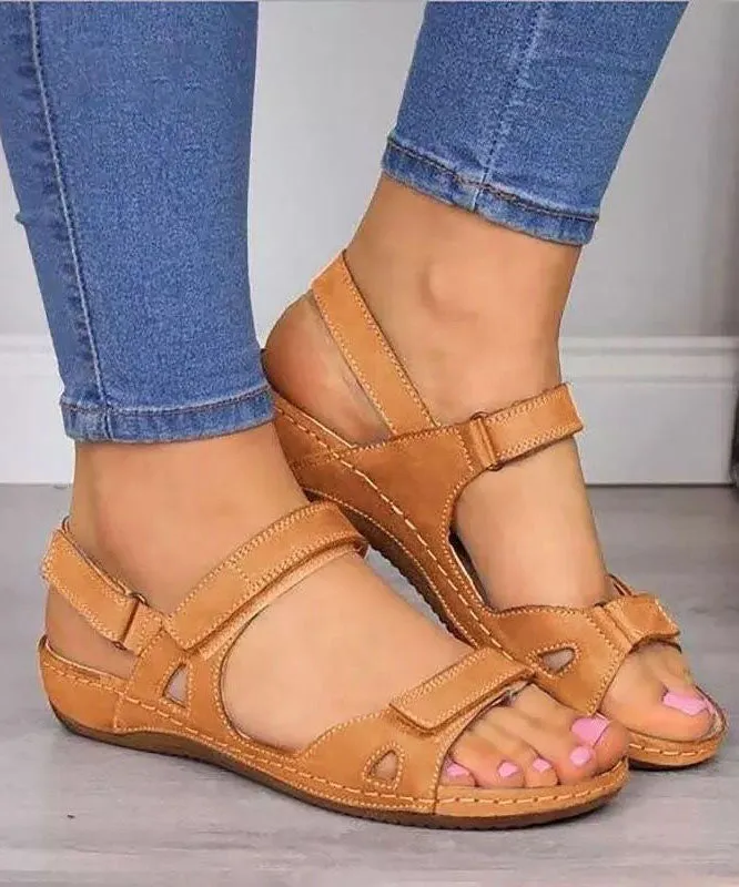 Boho Splicing Peep Toe Wedge Sandals Brown Faux Leather LY2682