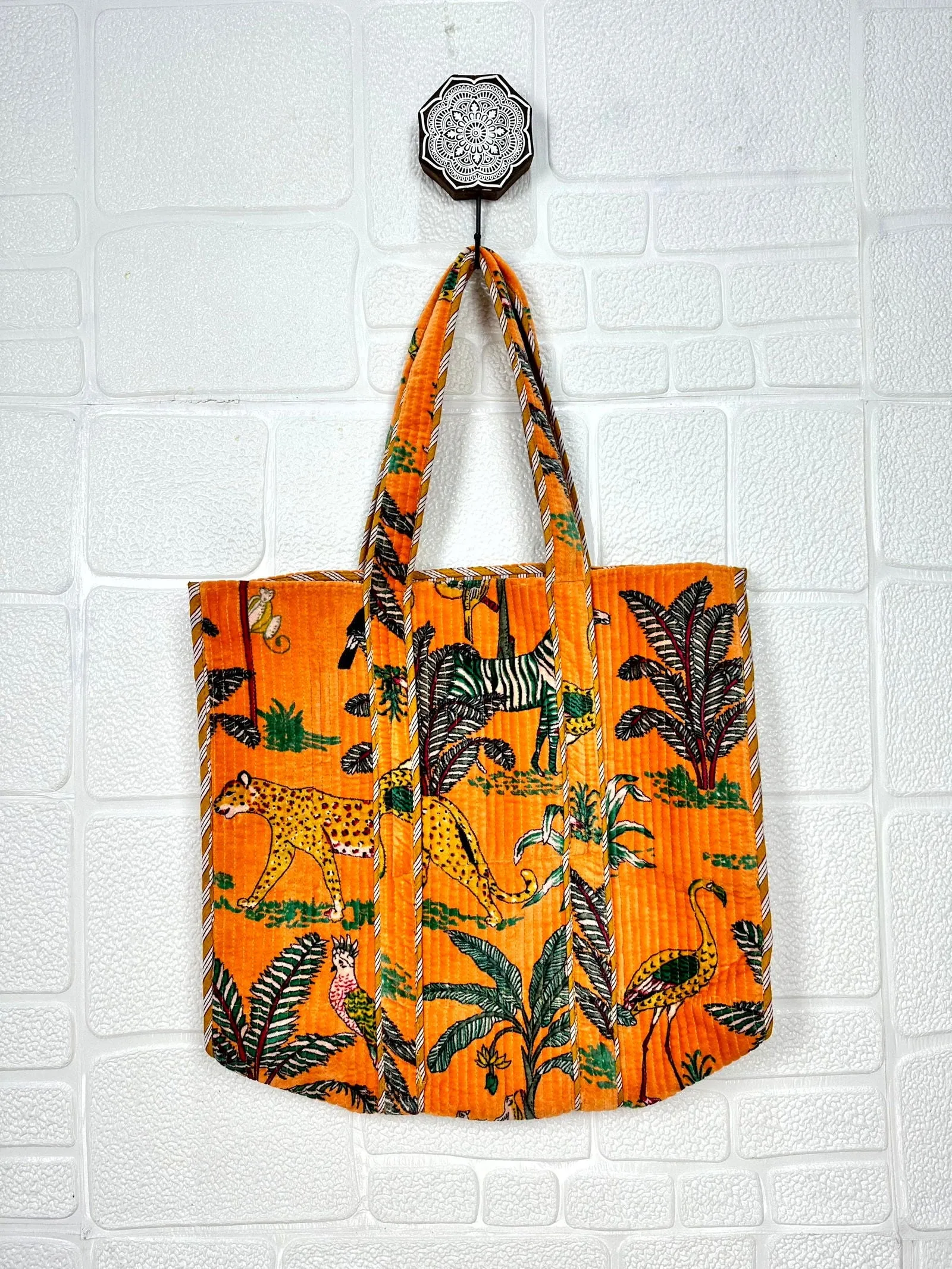 Boho Tote Bag Large Reversible Quilted Velvet Cotton | Beach Weekend Bag Eco friendly Sustainable Sturdy Grocery Shopping Ochre
