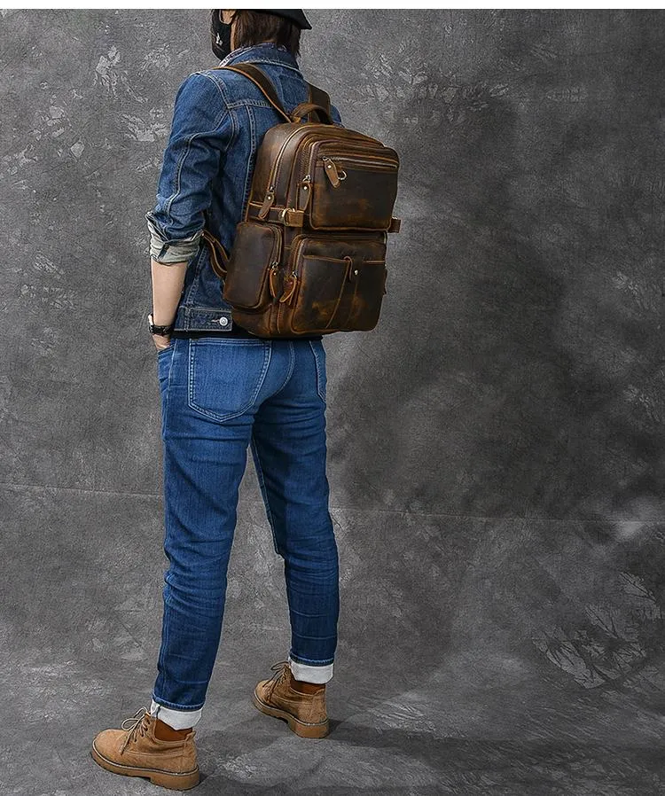 Brown Leather Mens 14" Laptop Hiking Backpack Travel Backpack College Backpack for Men