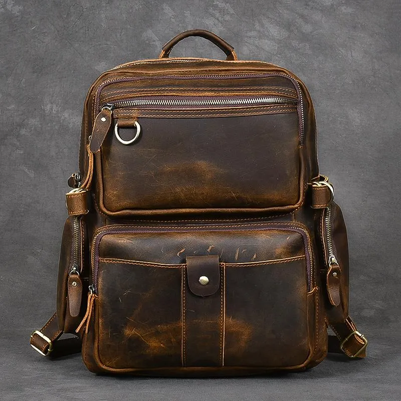 Brown Leather Mens 14" Laptop Hiking Backpack Travel Backpack College Backpack for Men