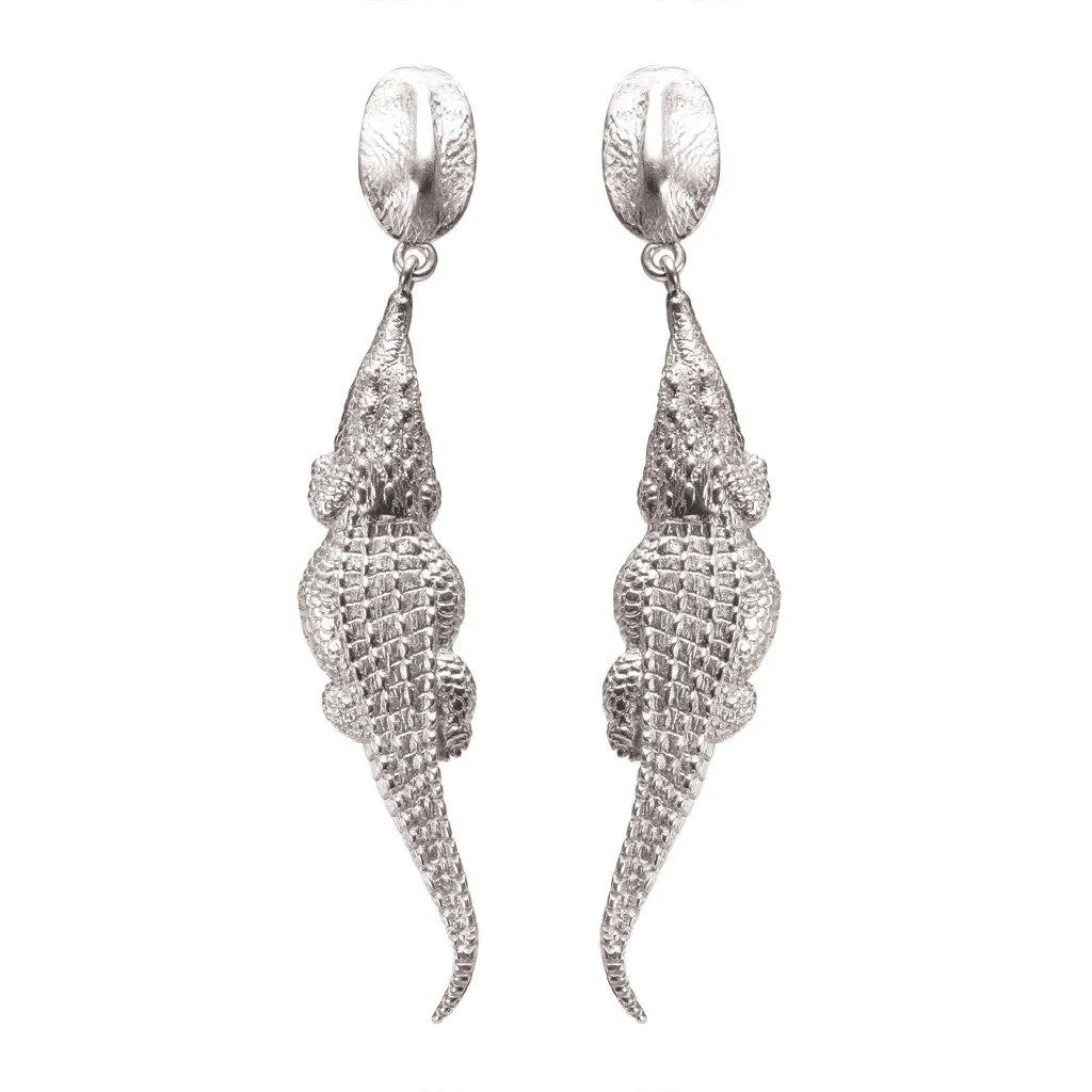 Croc Hornback Dangle Earrings in Silver