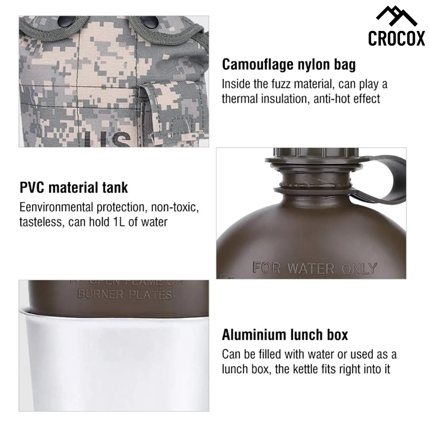 Crocox Military Canteen Outdoor Water Bottle Camping Hiking Aluminum Cup Set