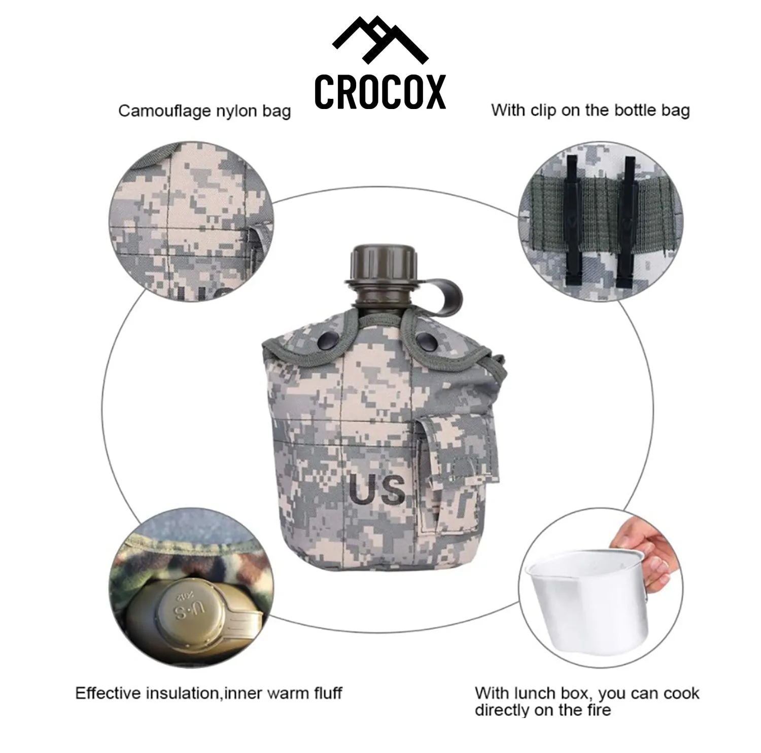 Crocox Military Canteen Outdoor Water Bottle Camping Hiking Aluminum Cup Set