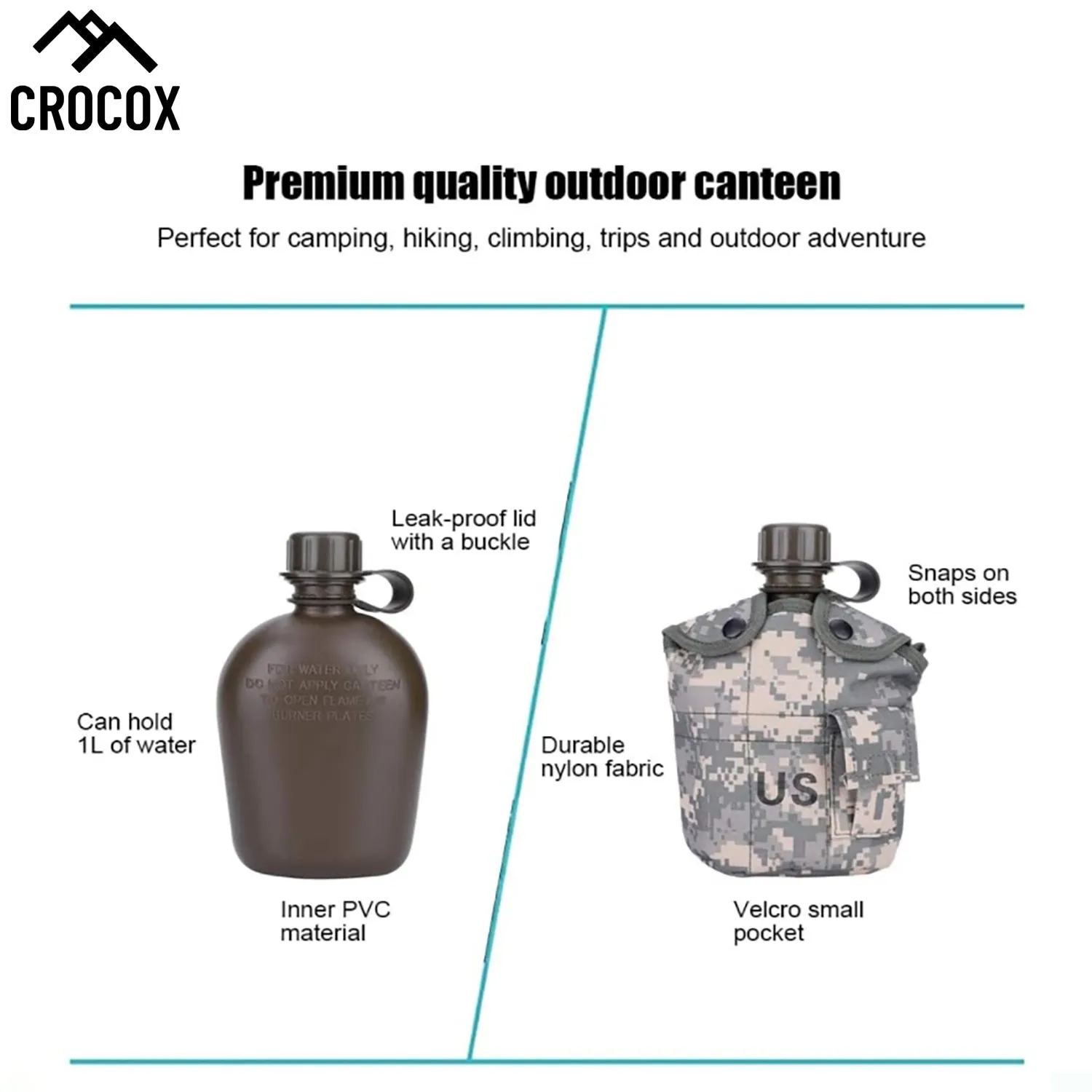 Crocox Military Canteen Outdoor Water Bottle Camping Hiking Aluminum Cup Set