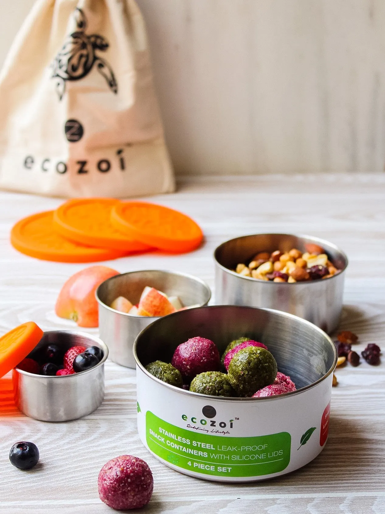 ecozoi Eco-Friendly 4-Piece Stainless Steel Lunch Box Set - Leak-Proof, BPA-Free, with Cotton Travel Bag, 74 oz