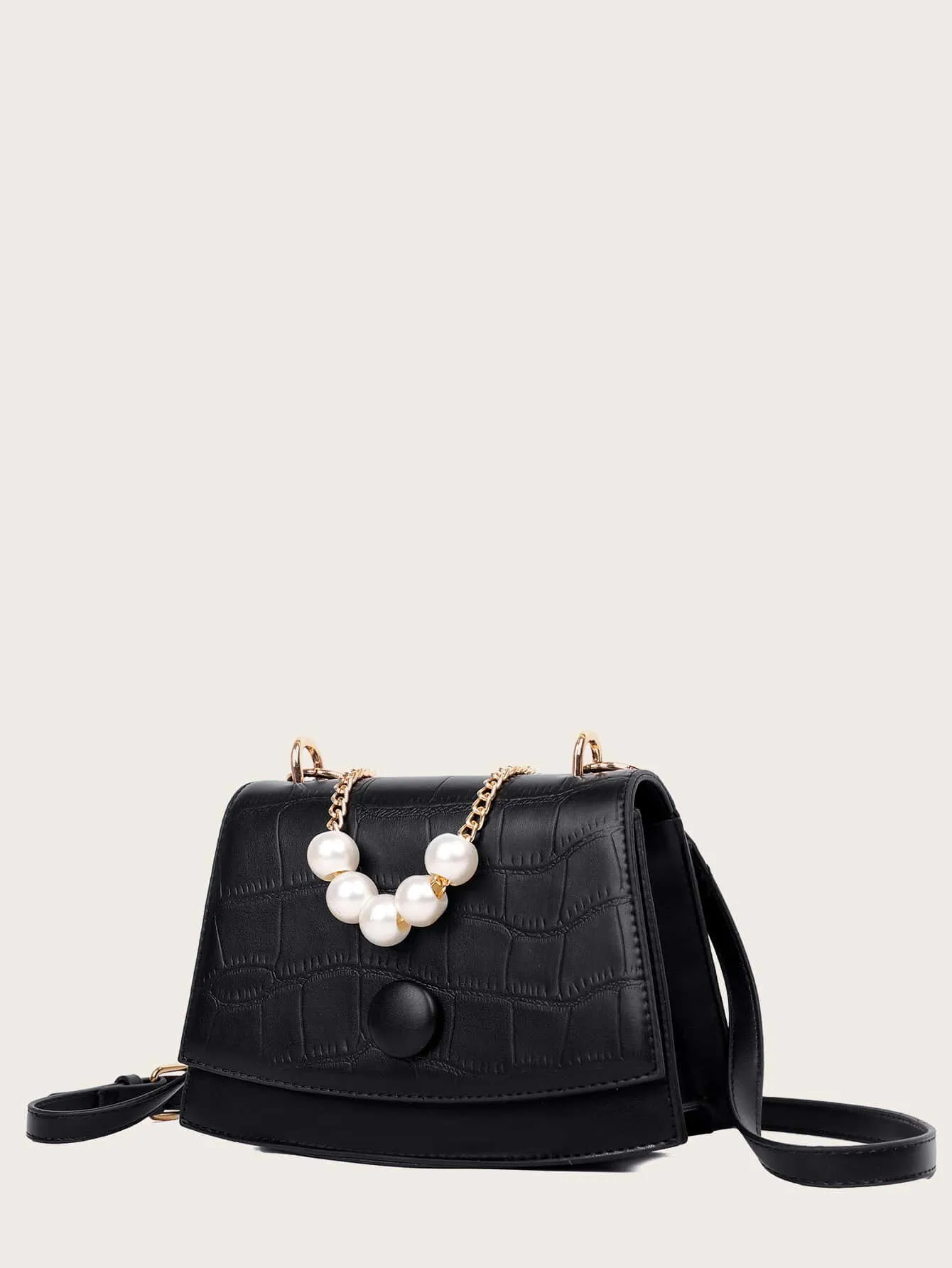Faux Pearl Decor Croc Embossed Shoulder Bag