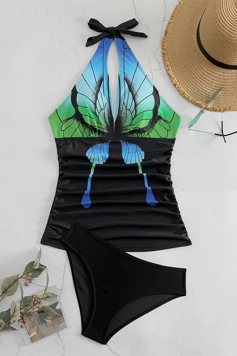 Gradient Butterfly Print Striking Backless One Piece Swimwear