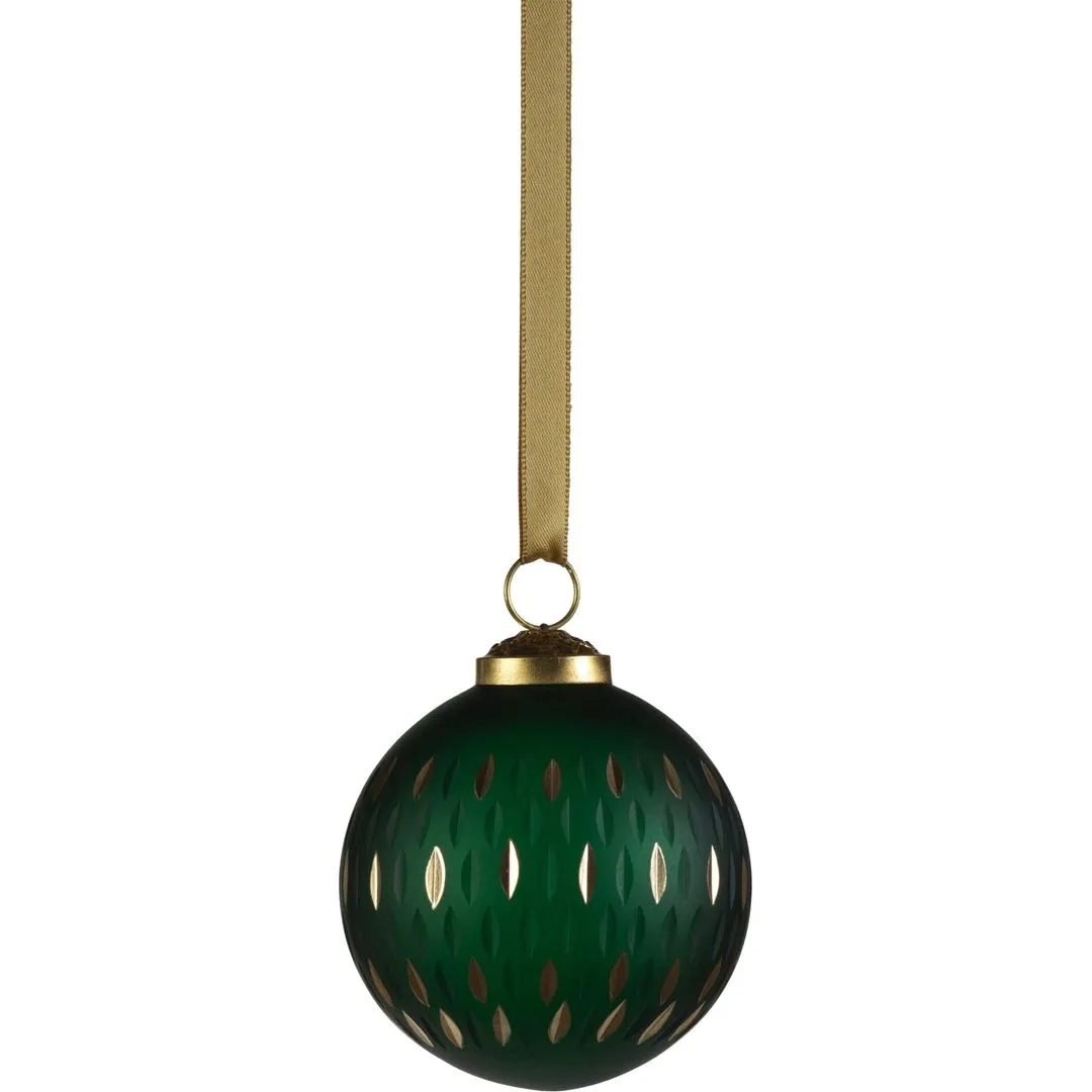 Green Frosted & Etched in Gold Glass Ball Ornaments, Set of 6