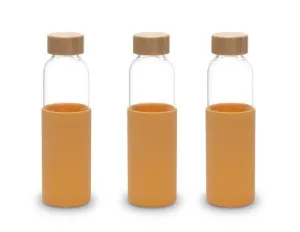 Homestic Water Bottle | Glass Bottle | Sleeve Protection Bottle | Bamboo Lid Water Bottle | Travel Round Bottle | XB5501-YEL | 550 ML | Set of 3 | Yellow