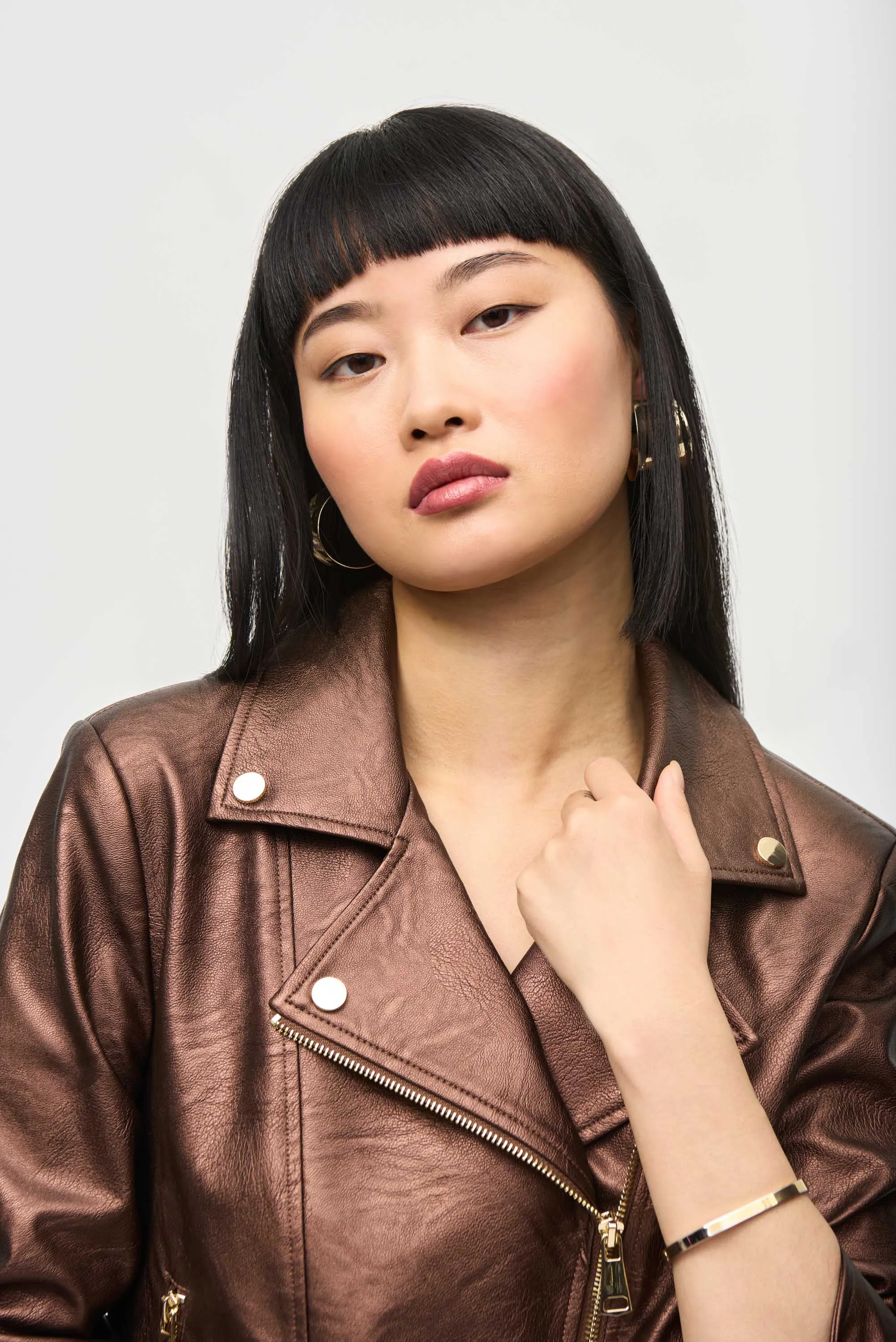 Joseph Ribkoff Metallic Faux Leather Biker Jacket 234902 - Bronze