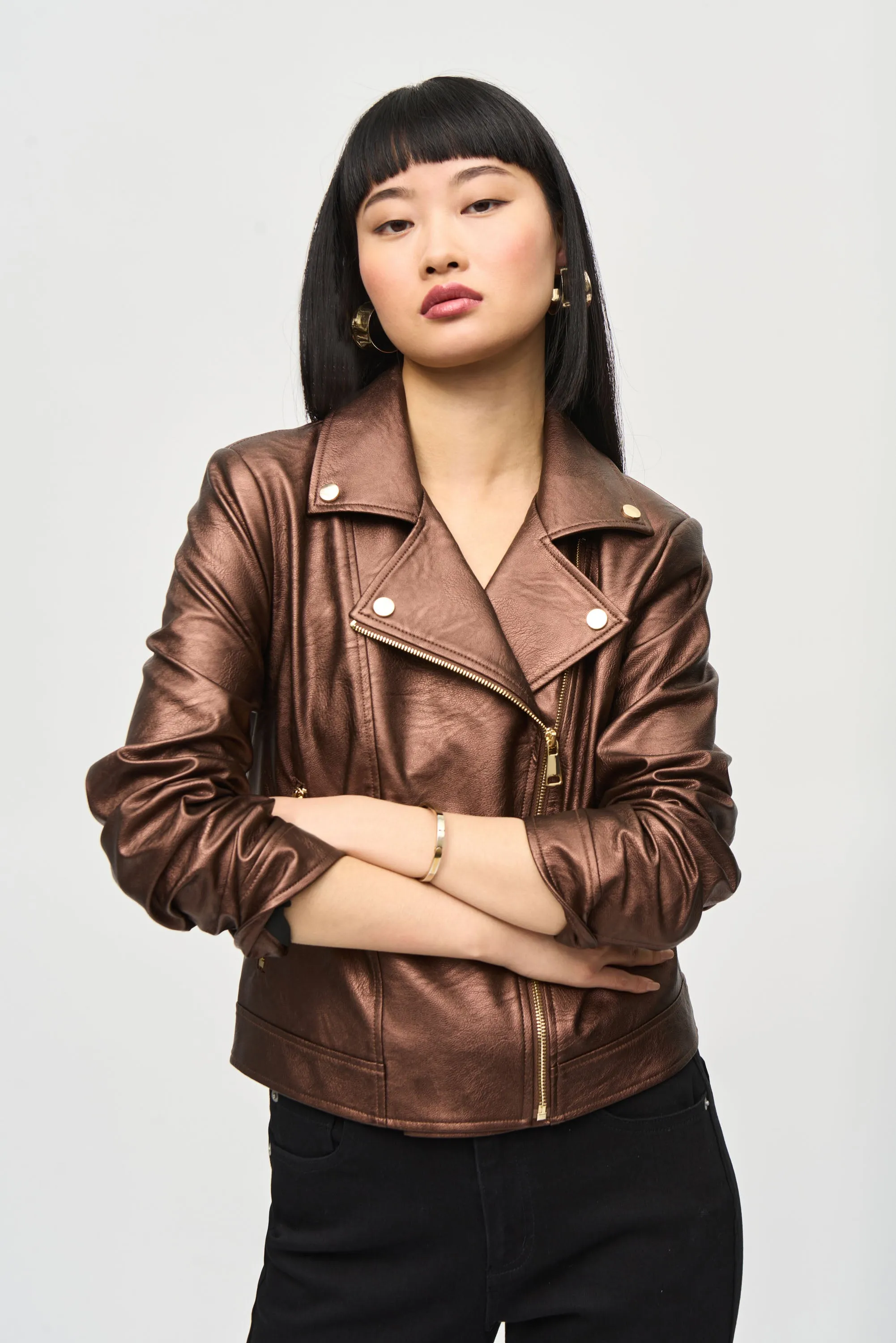 Joseph Ribkoff Metallic Faux Leather Biker Jacket 234902 - Bronze
