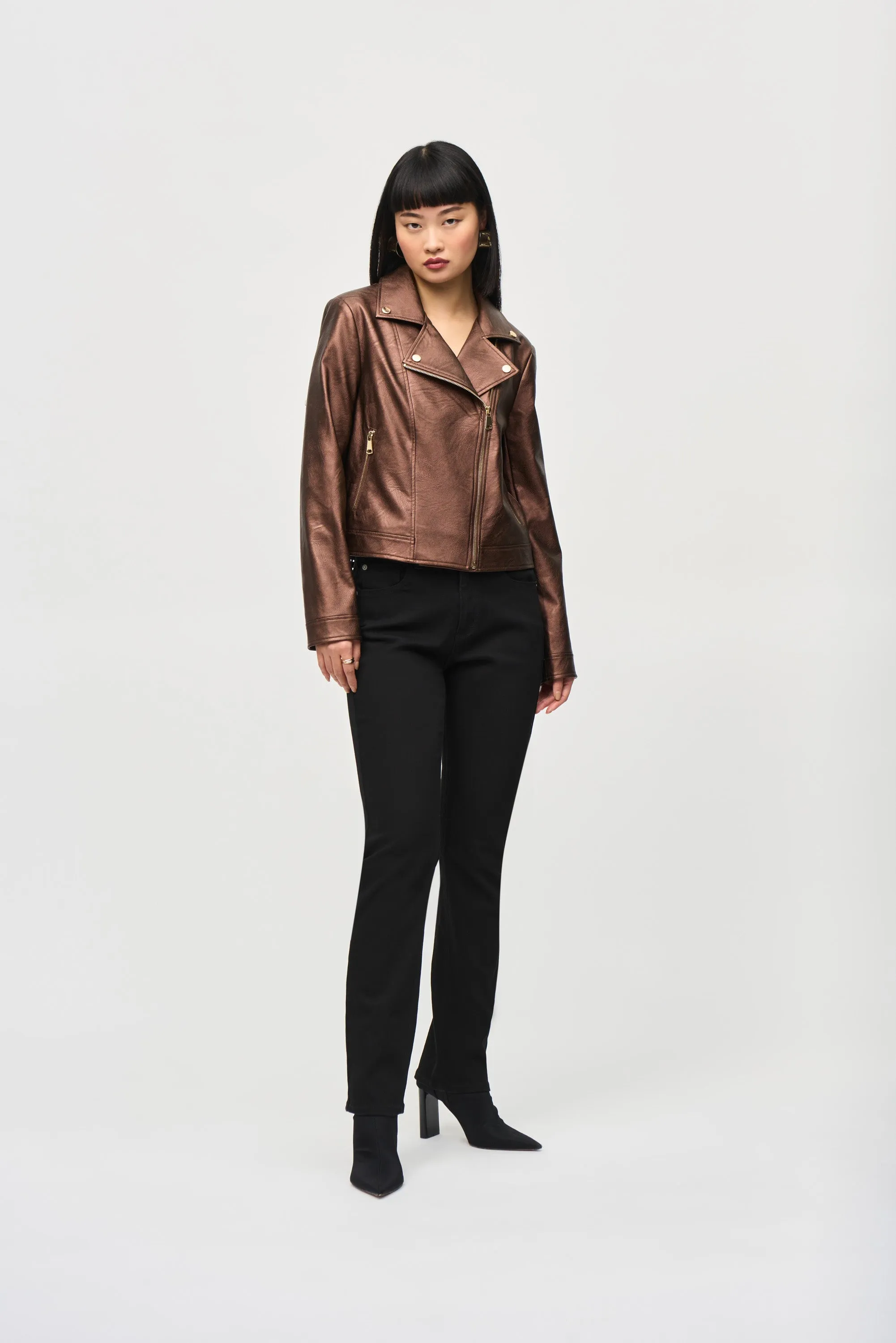 Joseph Ribkoff Metallic Faux Leather Biker Jacket 234902 - Bronze