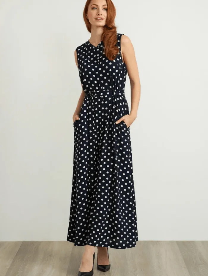 Joseph Ribkoff Navy Polka Dot Belted Maxi Dress 211027 299 (A)