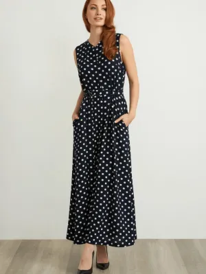 Joseph Ribkoff Navy Polka Dot Belted Maxi Dress 211027 299 (A)