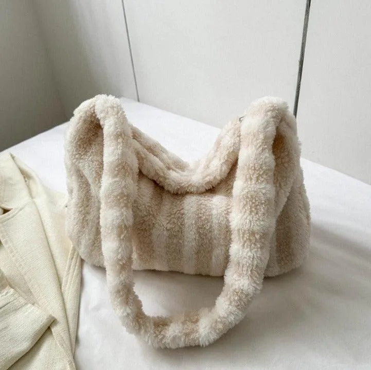 Large Capacity Striped Plush Winter Shoulder Bag