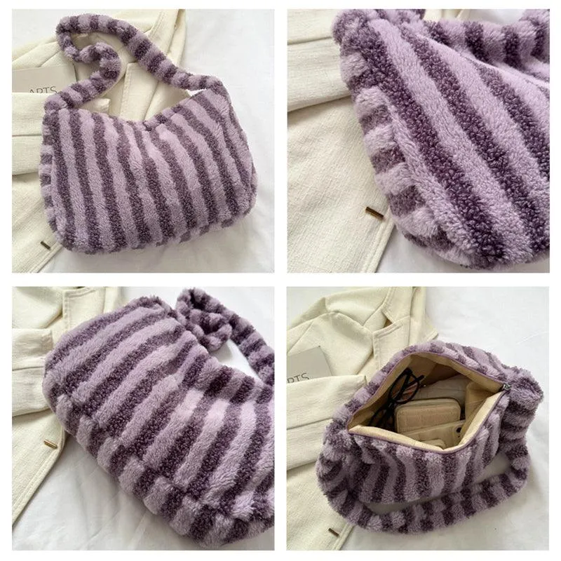 Large Capacity Striped Plush Winter Shoulder Bag