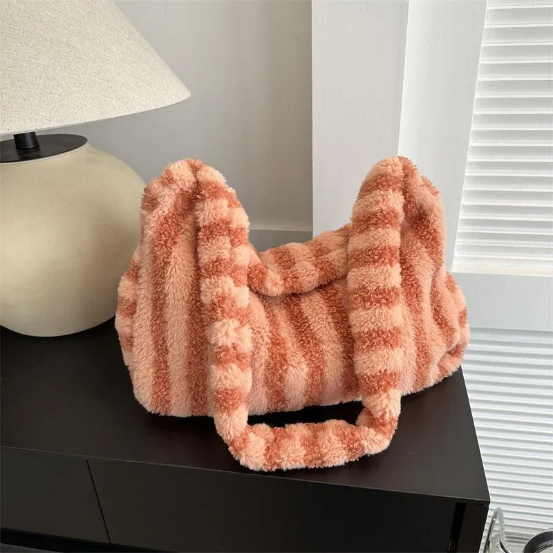 Large Capacity Striped Plush Winter Shoulder Bag