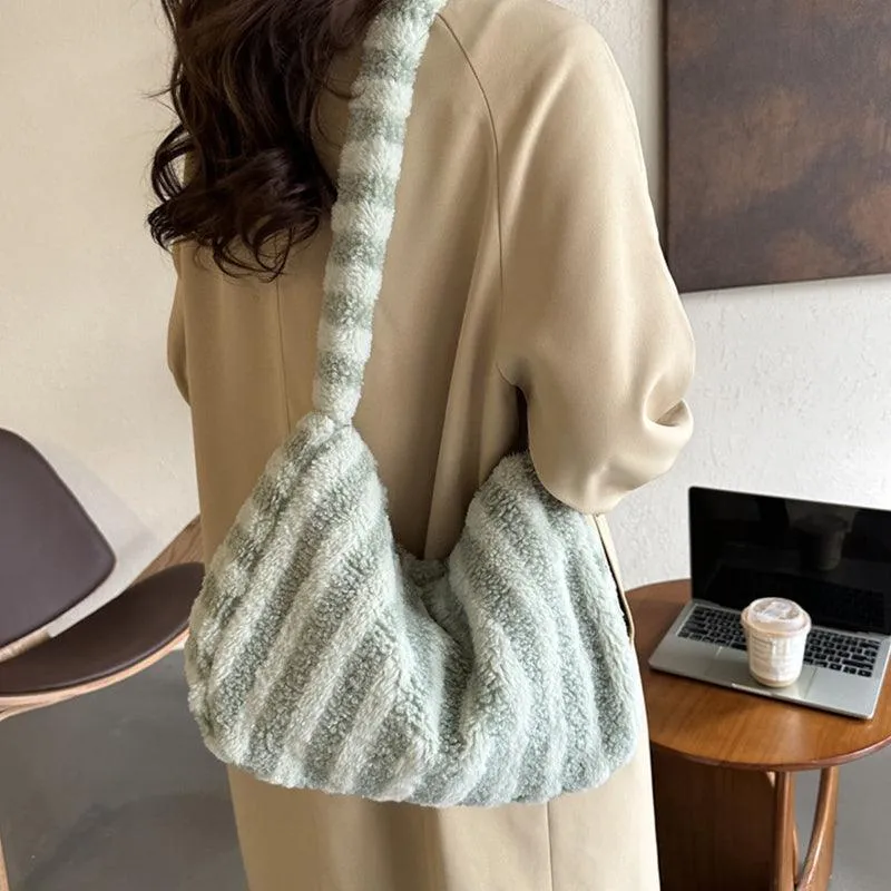 Large Capacity Striped Plush Winter Shoulder Bag