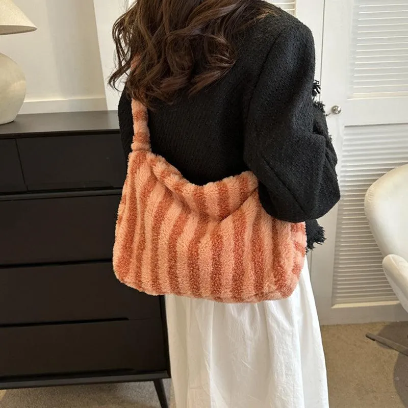 Large Capacity Striped Plush Winter Shoulder Bag
