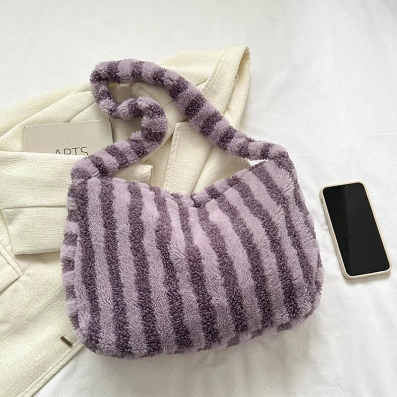 Large Capacity Striped Plush Winter Shoulder Bag