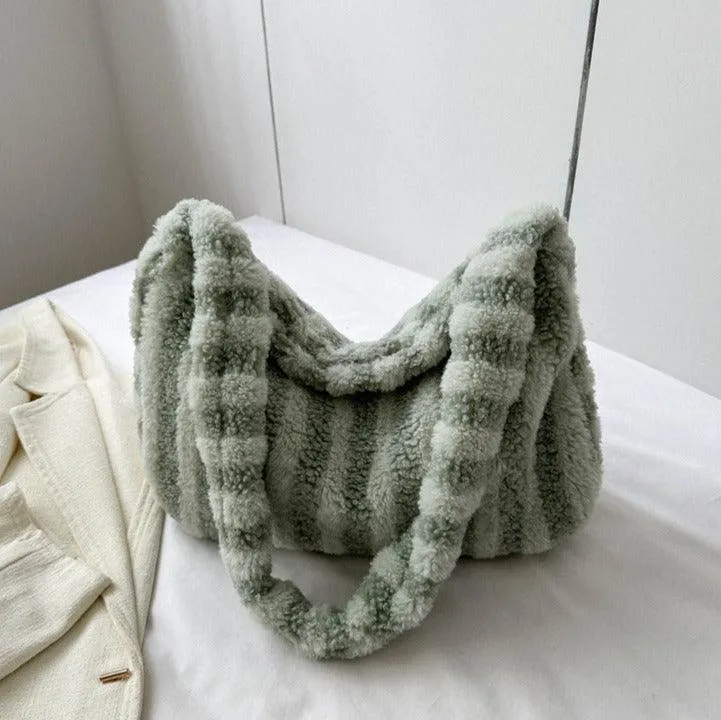 Large Capacity Striped Plush Winter Shoulder Bag