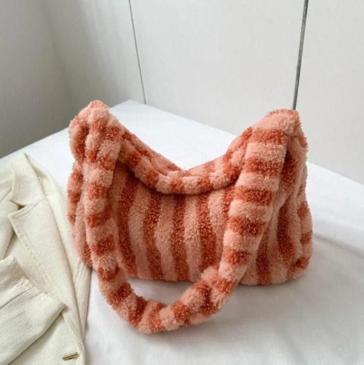Large Capacity Striped Plush Winter Shoulder Bag