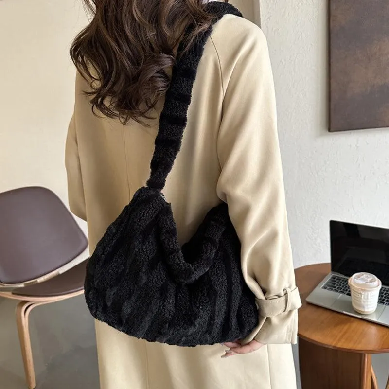 Large Capacity Striped Plush Winter Shoulder Bag