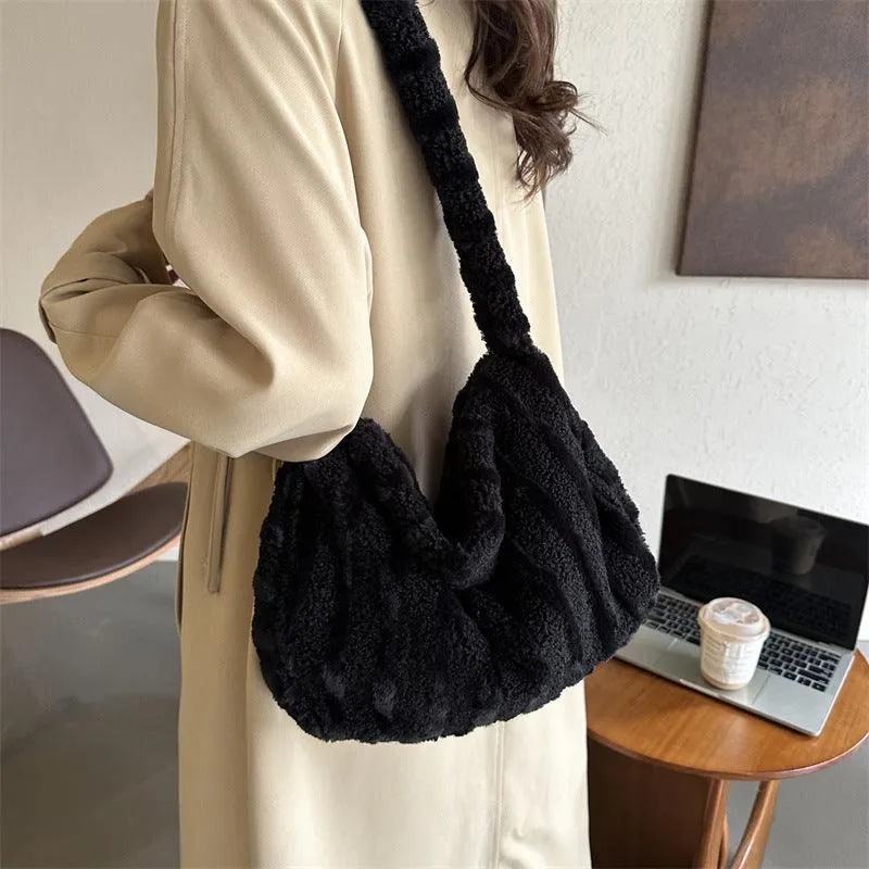 Large Capacity Striped Plush Winter Shoulder Bag