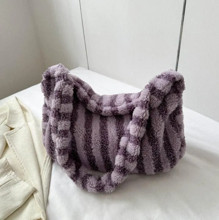 Large Capacity Striped Plush Winter Shoulder Bag