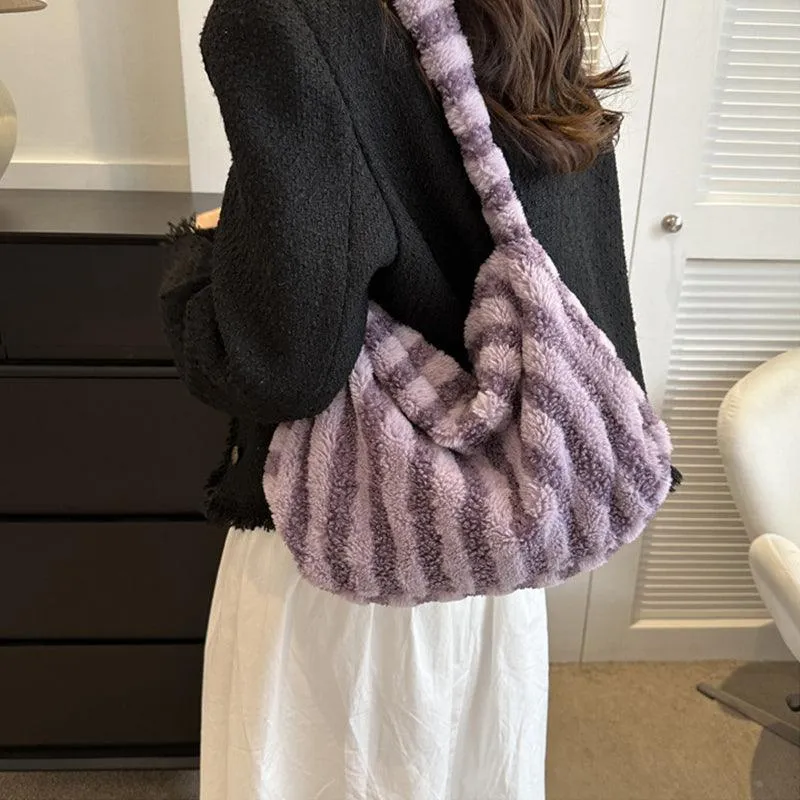 Large Capacity Striped Plush Winter Shoulder Bag