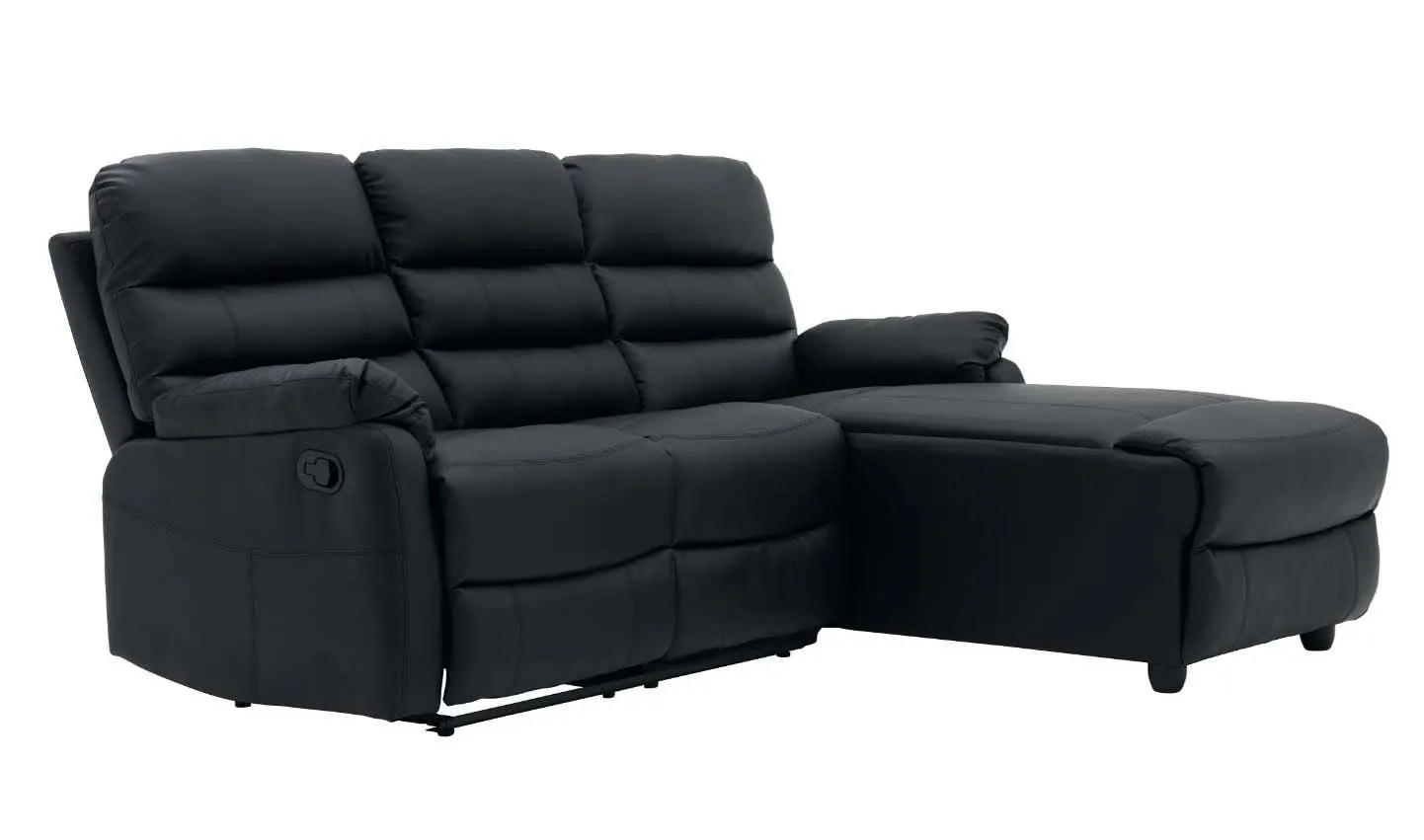 Lucas 3 Seater Faux Leather Recliner Sofa with right side facing chaise - Black
