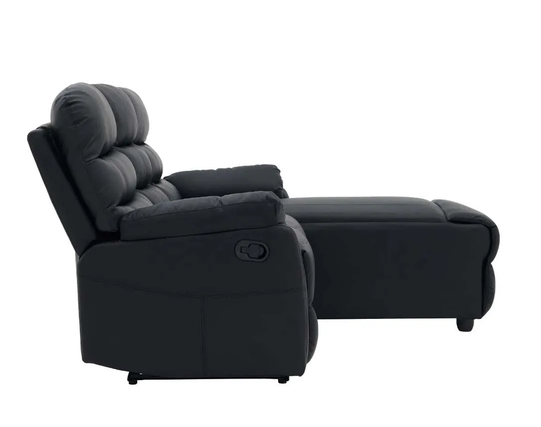 Lucas 3 Seater Faux Leather Recliner Sofa with right side facing chaise - Black
