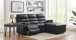 Lucas 3 Seater Faux Leather Recliner Sofa with right side facing chaise - Black