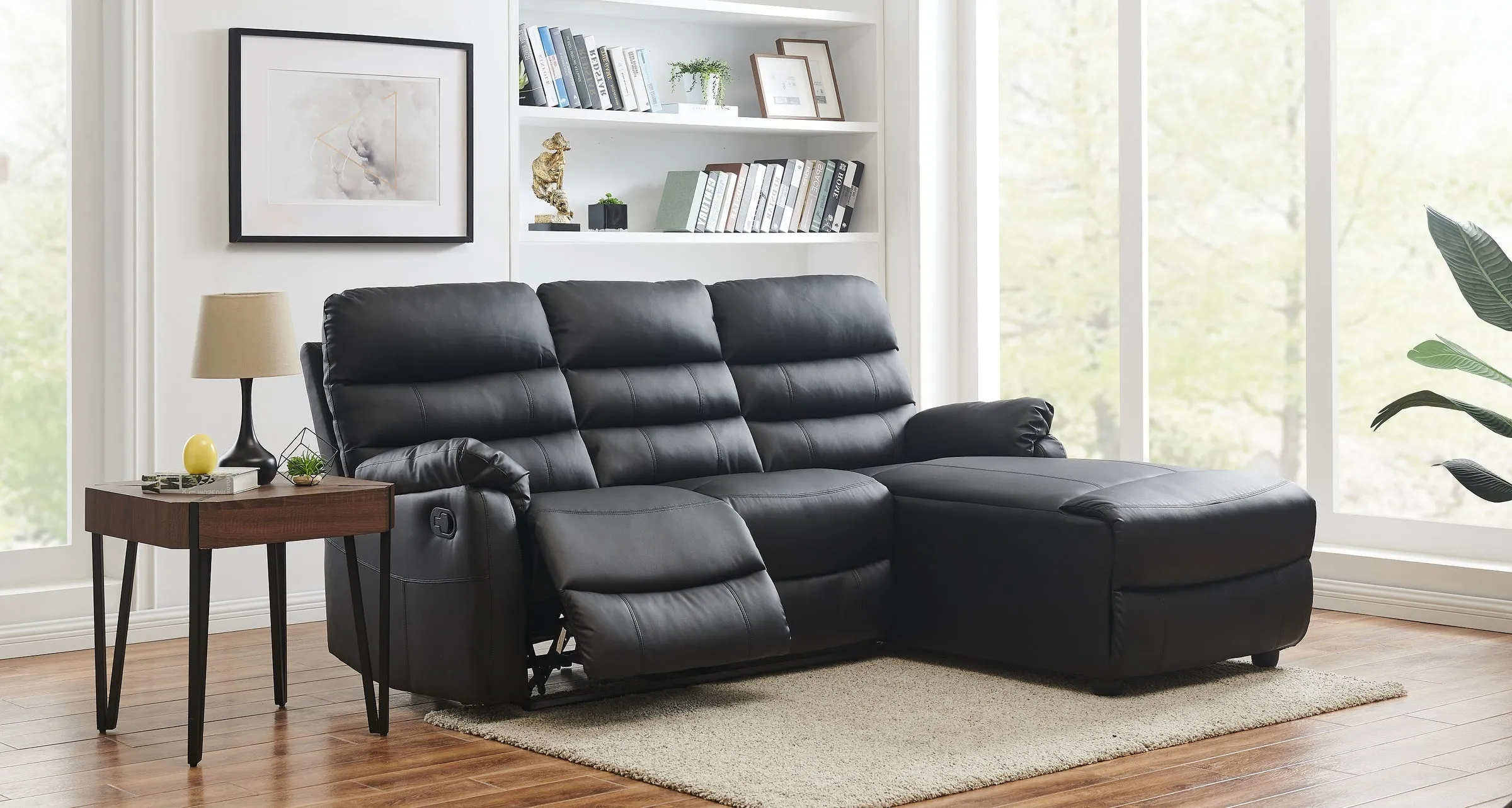 Lucas 3 Seater Faux Leather Recliner Sofa with right side facing chaise - Black
