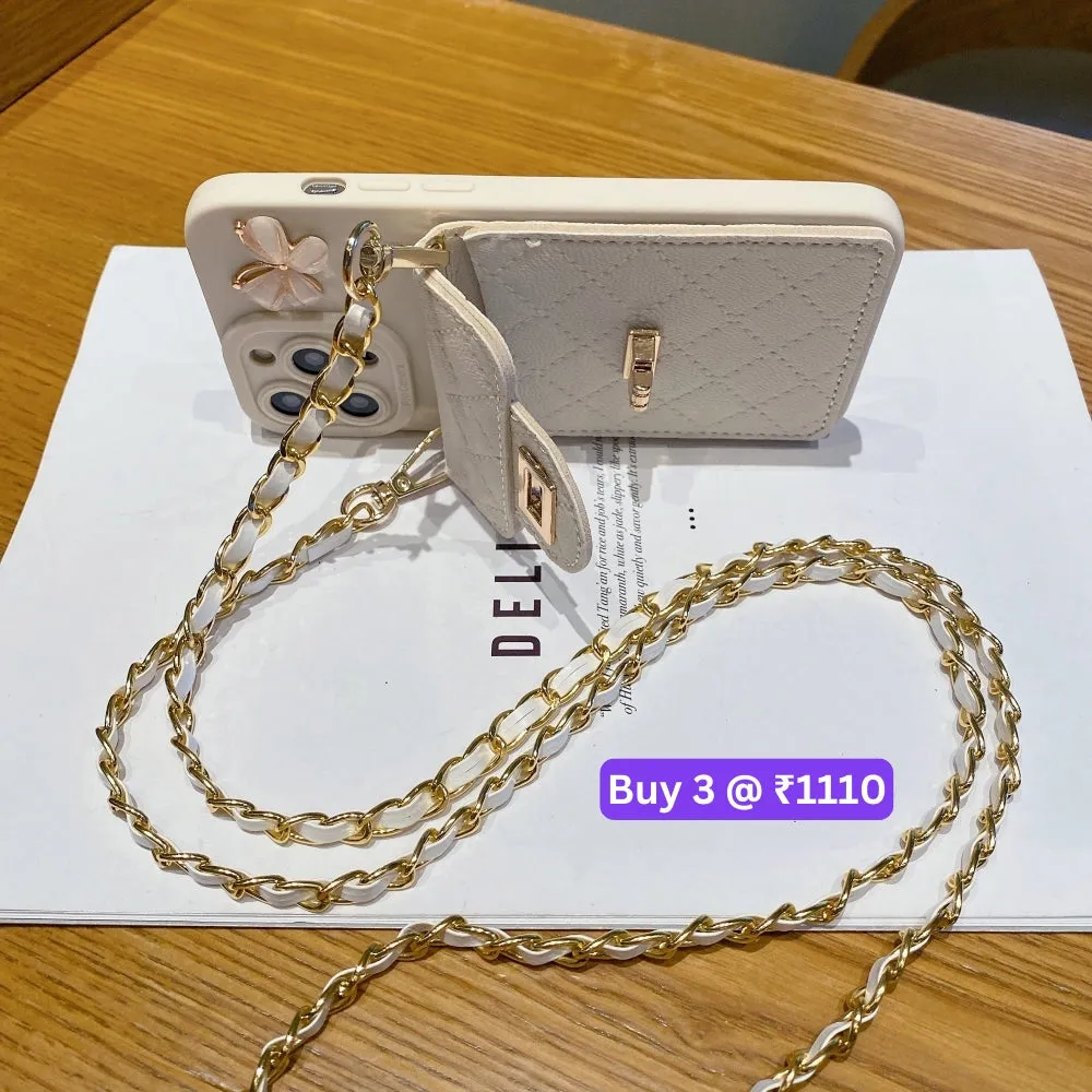 Luxury PU Leather Wallet Silicone Phone Case with Crossbody Chain Card Slot Bag - iPhone 14 Pro Max