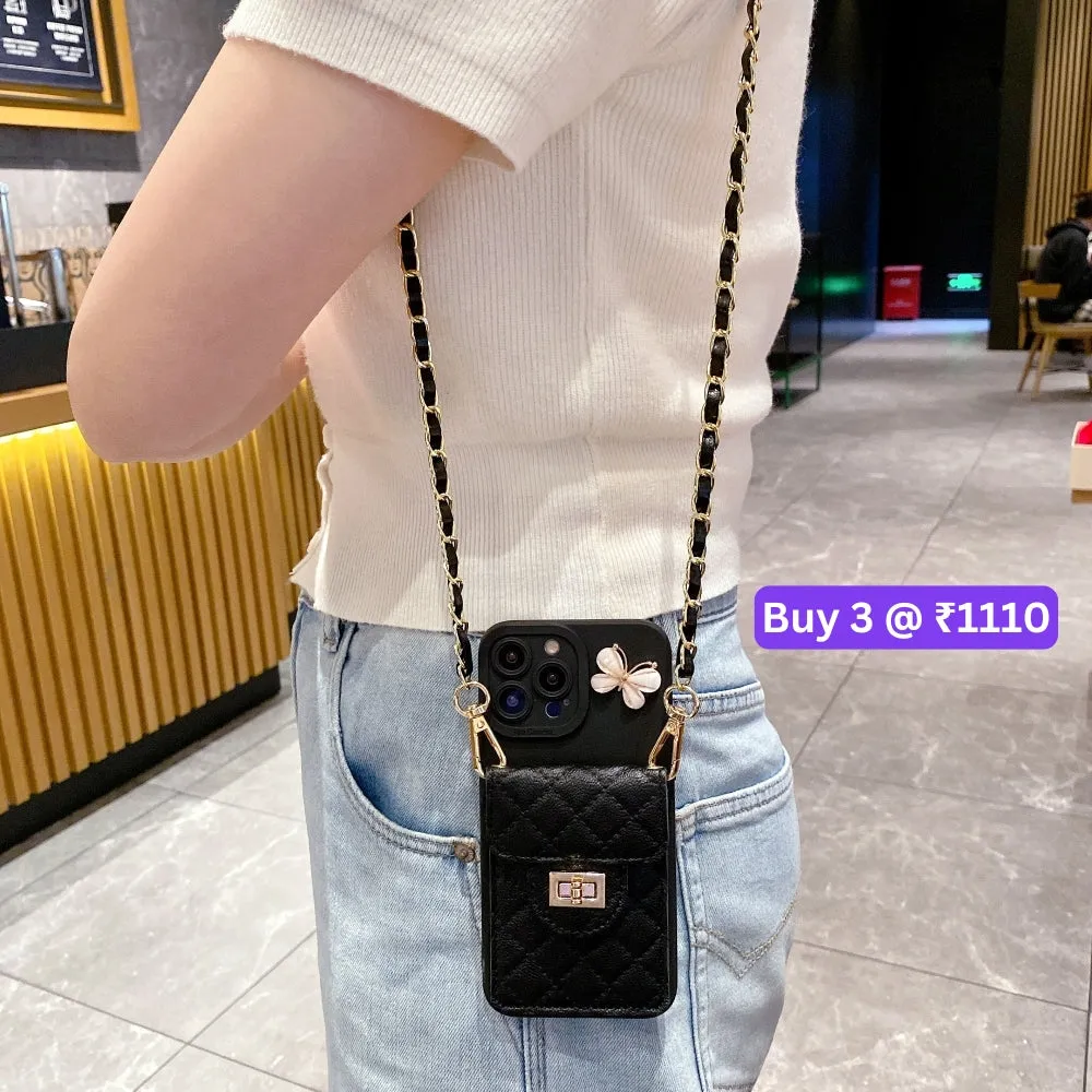 Luxury PU Leather Wallet Silicone Phone Case with Crossbody Chain Card Slot Bag - iPhone 14 Pro Max